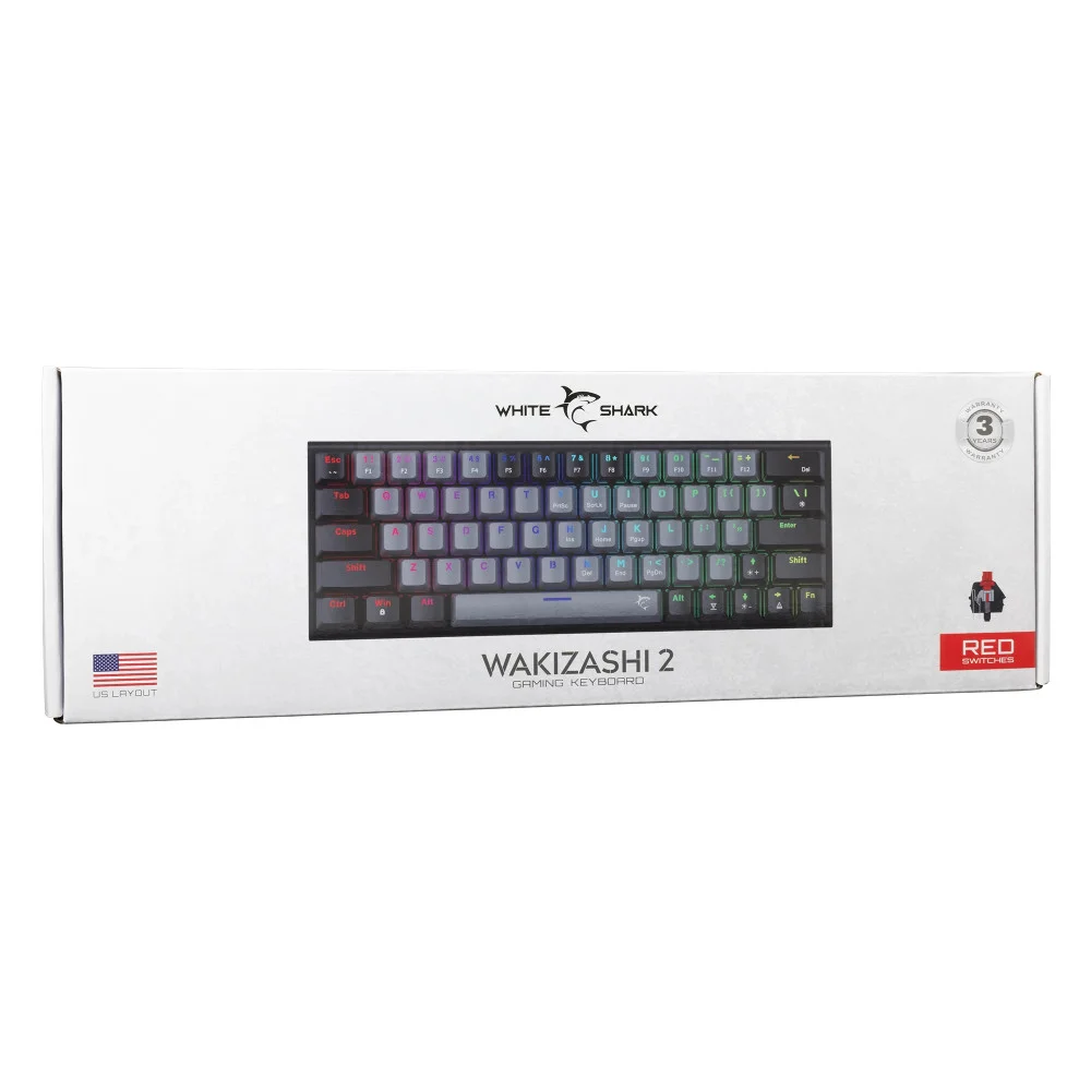 White Shark геймърска механична клавиатура Gaming Mechanical Keyboard WAKIZASHI 2 - Red Switches (English US), Gray, Black