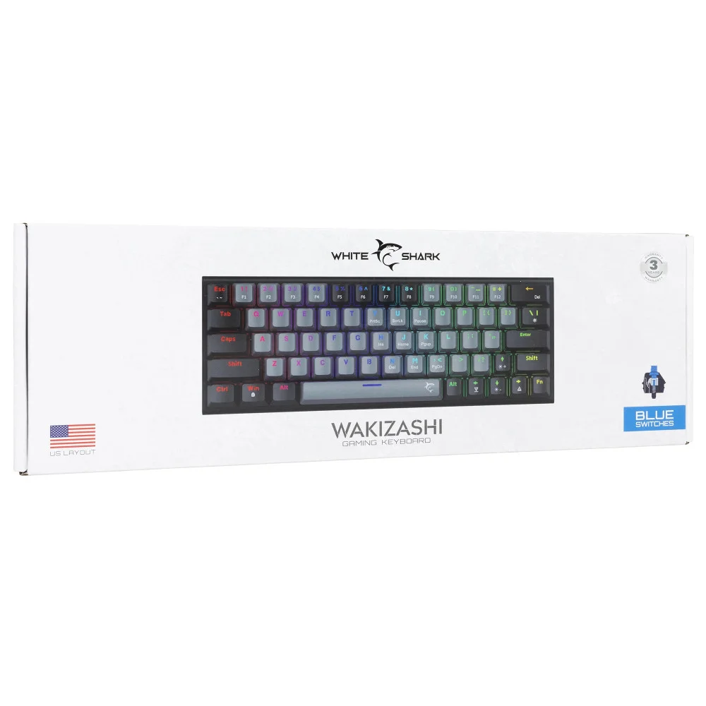 White Shark Gaming Mechanical Keyboard WAKIZASHI 2 - Blue Switches (English US), Gray, Black Gamer Mouse
