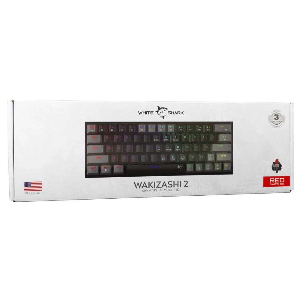 White Shark геймърска механична клавиатура Gaming Mechanical Keyboard WAKIZASHI 2 - Red Switches (English US), Black, Gray