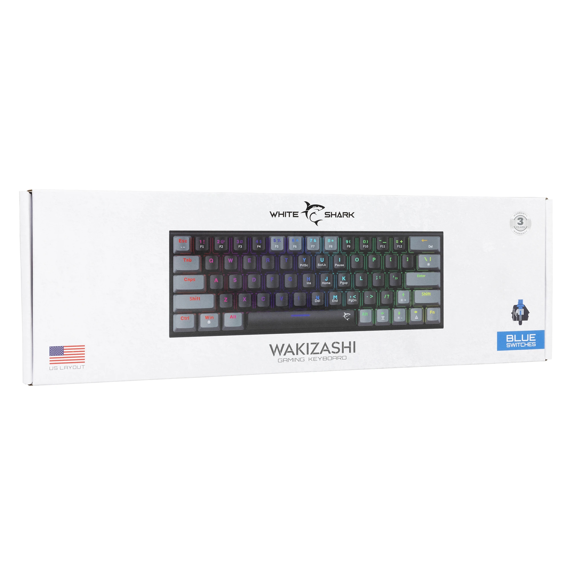 White Shark геймърска механична клавиатура Gaming Mechanical Keyboard WAKIZASHI 2 - Blue Switches (English US), Black, Gray