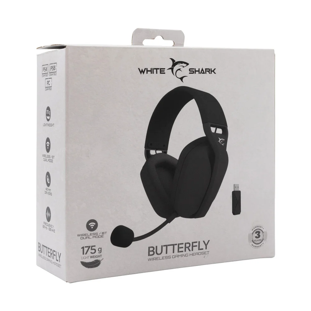 White Shark căști gaming wireless Gaming Headphones BUTTERFLY - Bluetooth, 2.4G, Negru