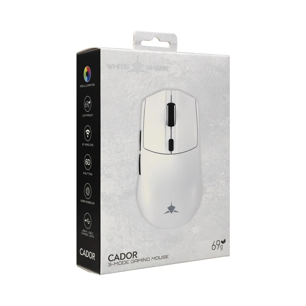 White Shark professionelle Gaming-Maus Wireless Gaming Mouse CADOR - 10000dpi, 1000Hz, Bluetooth, Weiß