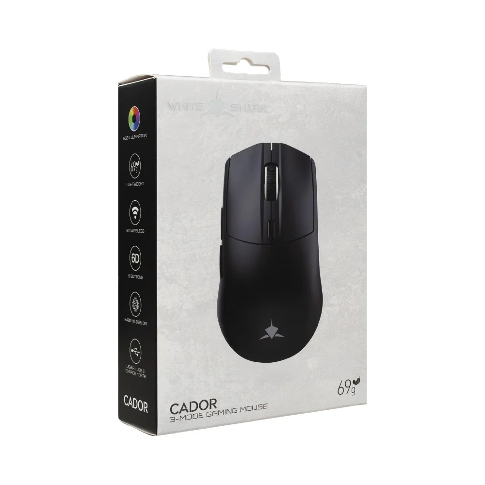 Souris de jeu professionnelle sans fil White Shark Wireless Gaming Mouse CADOR - 10000dpi, 1000Hz, Bluetooth, Noir