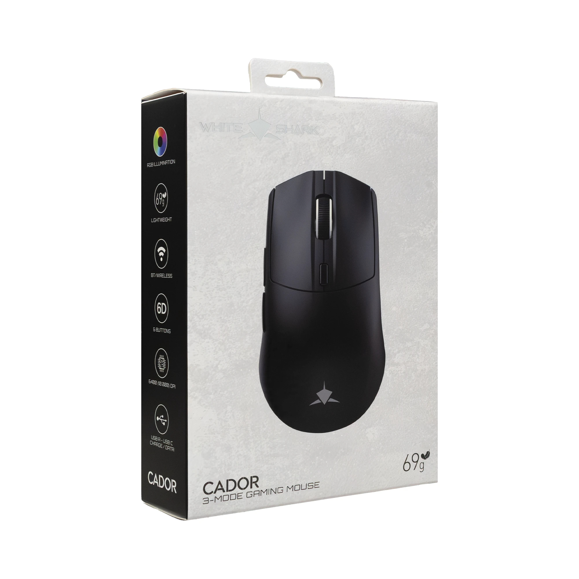 Souris de jeu professionnelle sans fil White Shark Wireless Gaming Mouse CADOR - 10000dpi, 1000Hz, Bluetooth, Noir