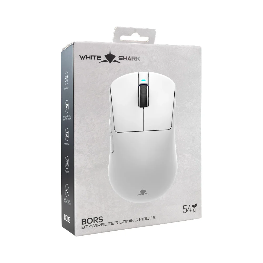 White Shark професионална геймърска мишка Wireless Gaming Mouse BORS - 12000dpi, 1000Hz, Bluetooth, White