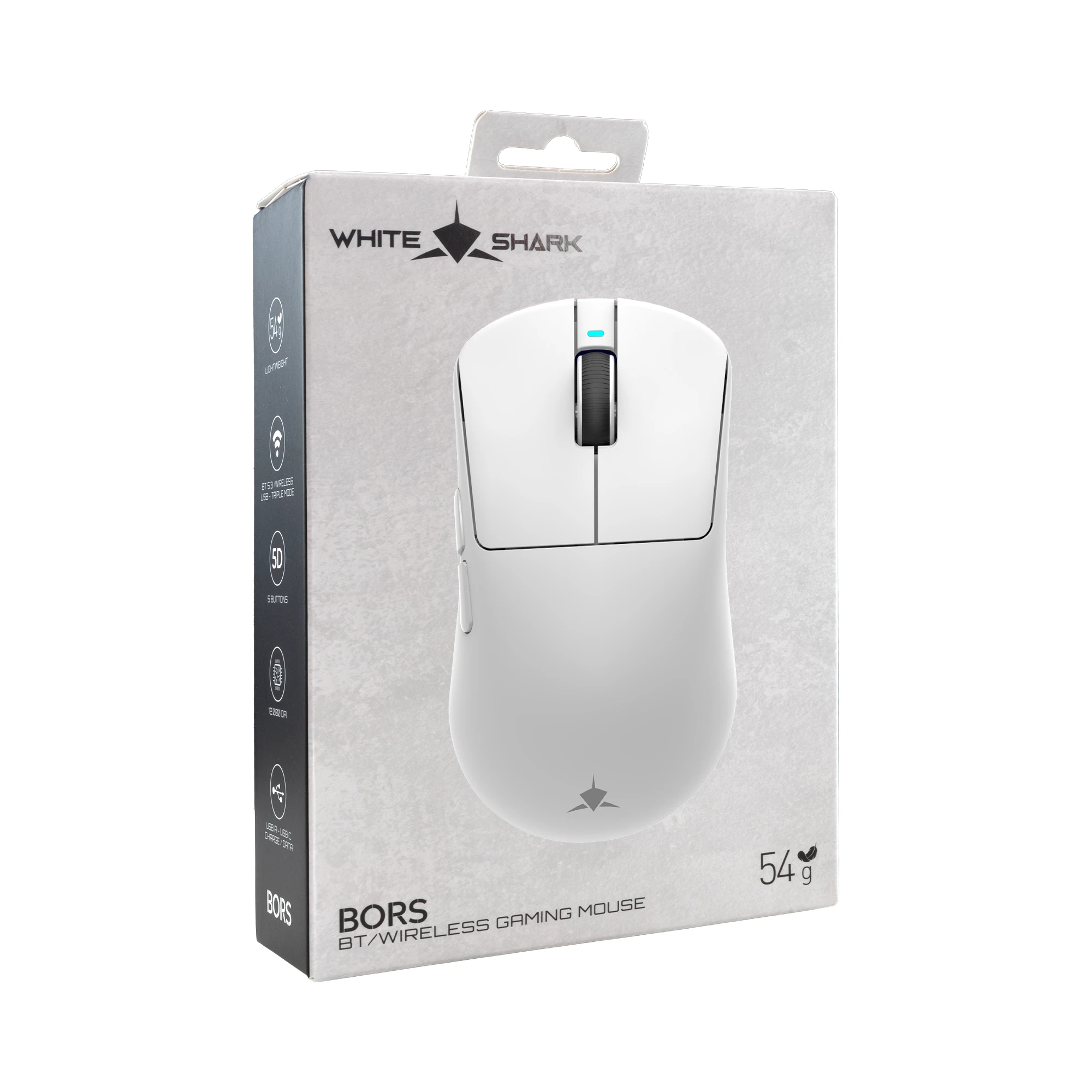 White Shark професионална геймърска мишка Wireless Gaming Mouse BORS - 12000dpi, 1000Hz, Bluetooth, White