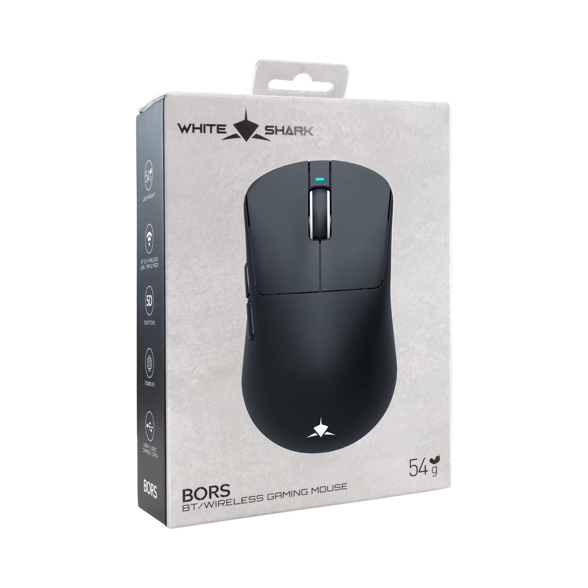 White Shark професионална геймърска мишка Wireless Gaming Mouse BORS - 12000dpi, 1000Hz, Bluetooth, Black