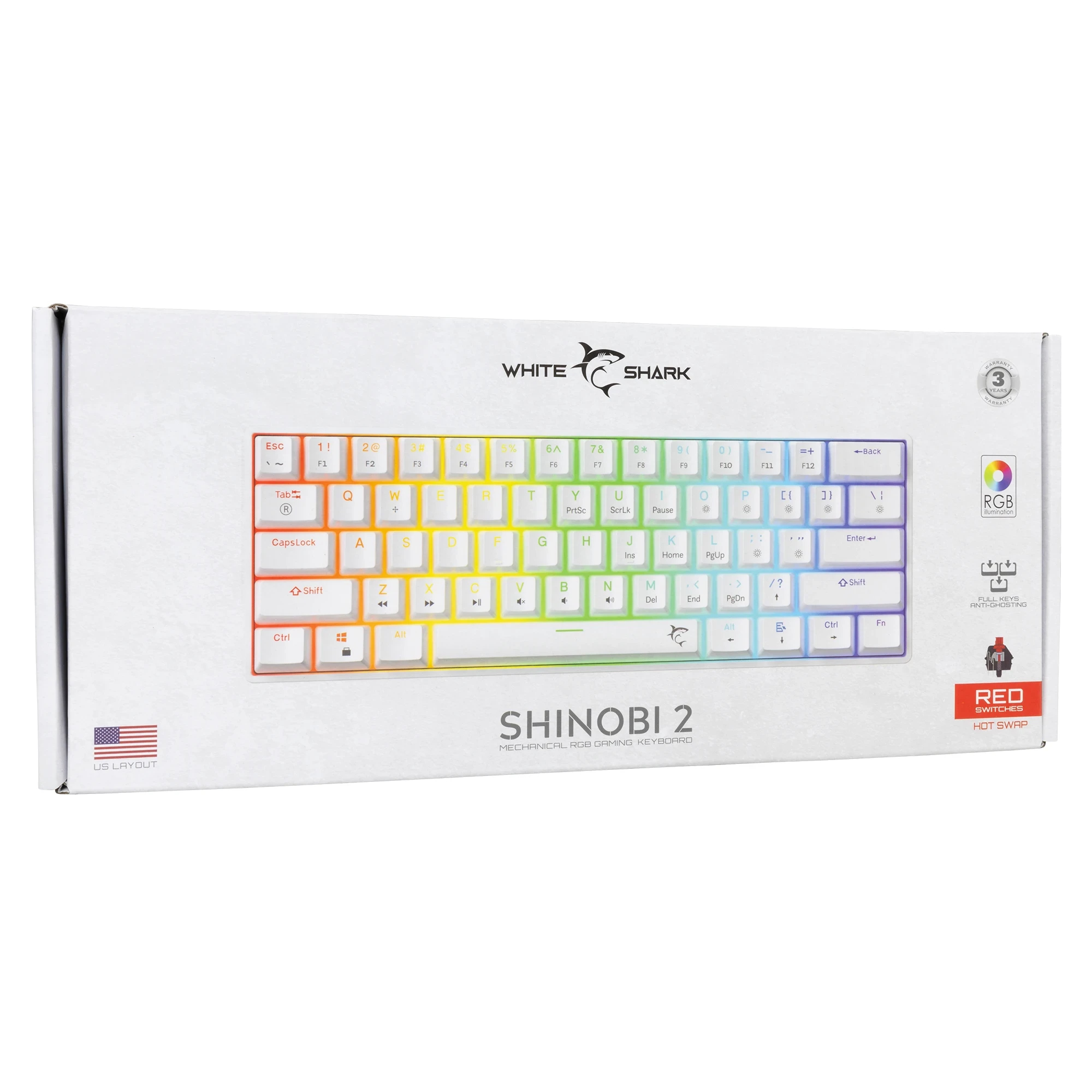 White Shark teclado gamer mecánico Gaming Mechanical Keyboard SHINOBI 2 - YUSYA 5P Red Switches (English US), Blanco