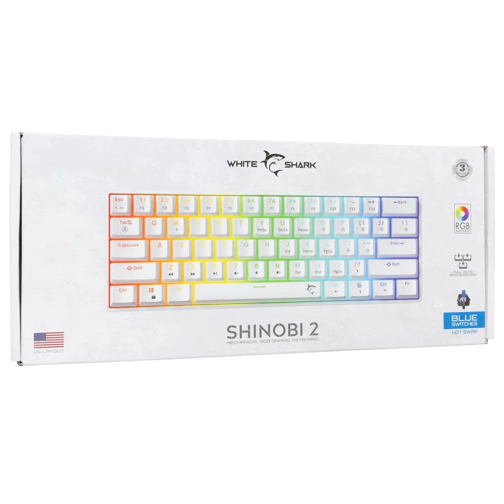 White Shark геймърска механична клавиатура Gaming Mechanical Keyboard SHINOBI 2 - YUSYA 5P Blue Switches (English US), White