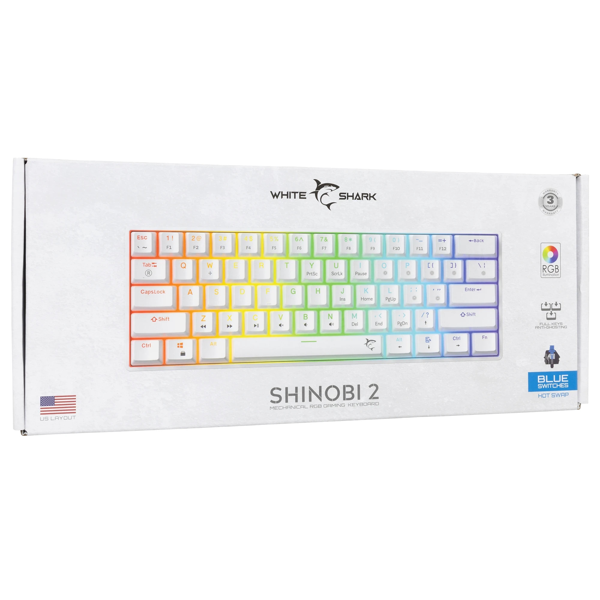 White Shark геймърска механична клавиатура Gaming Mechanical Keyboard SHINOBI 2 - YUSYA 5P Blue Switches (English US), White