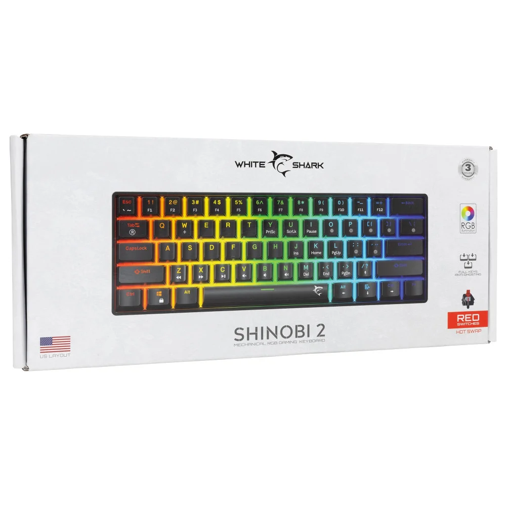 White Shark Gaming-Mechanische Tastatur Gaming Mechanical Keyboard SHINOBI 2 - YUSYA 5P Red Switches (English US), Schwarz