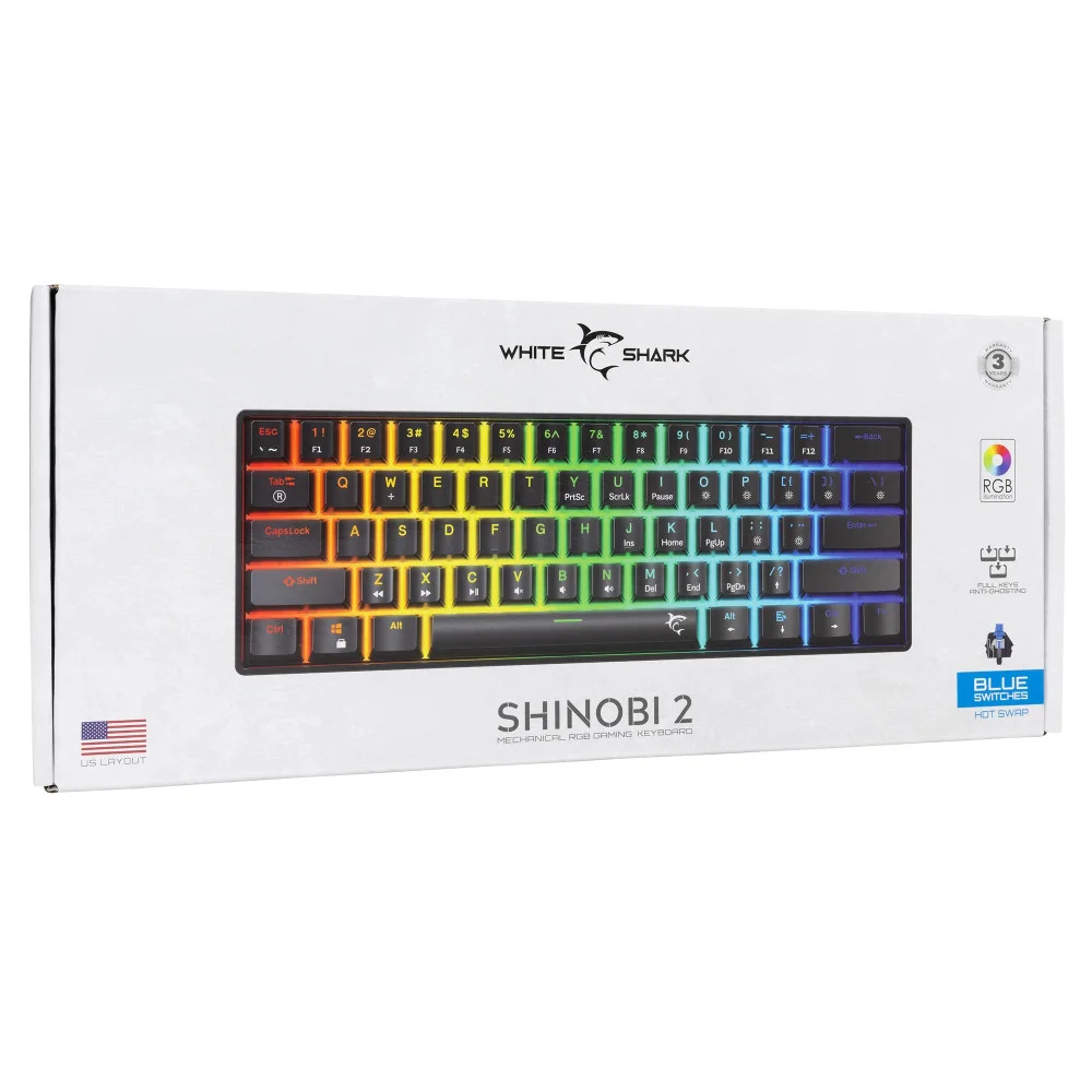 White Shark геймърска механична клавиатура Gaming Mechanical Keyboard SHINOBI 2 - YUSYA 5P Blue Switches (English US), Black