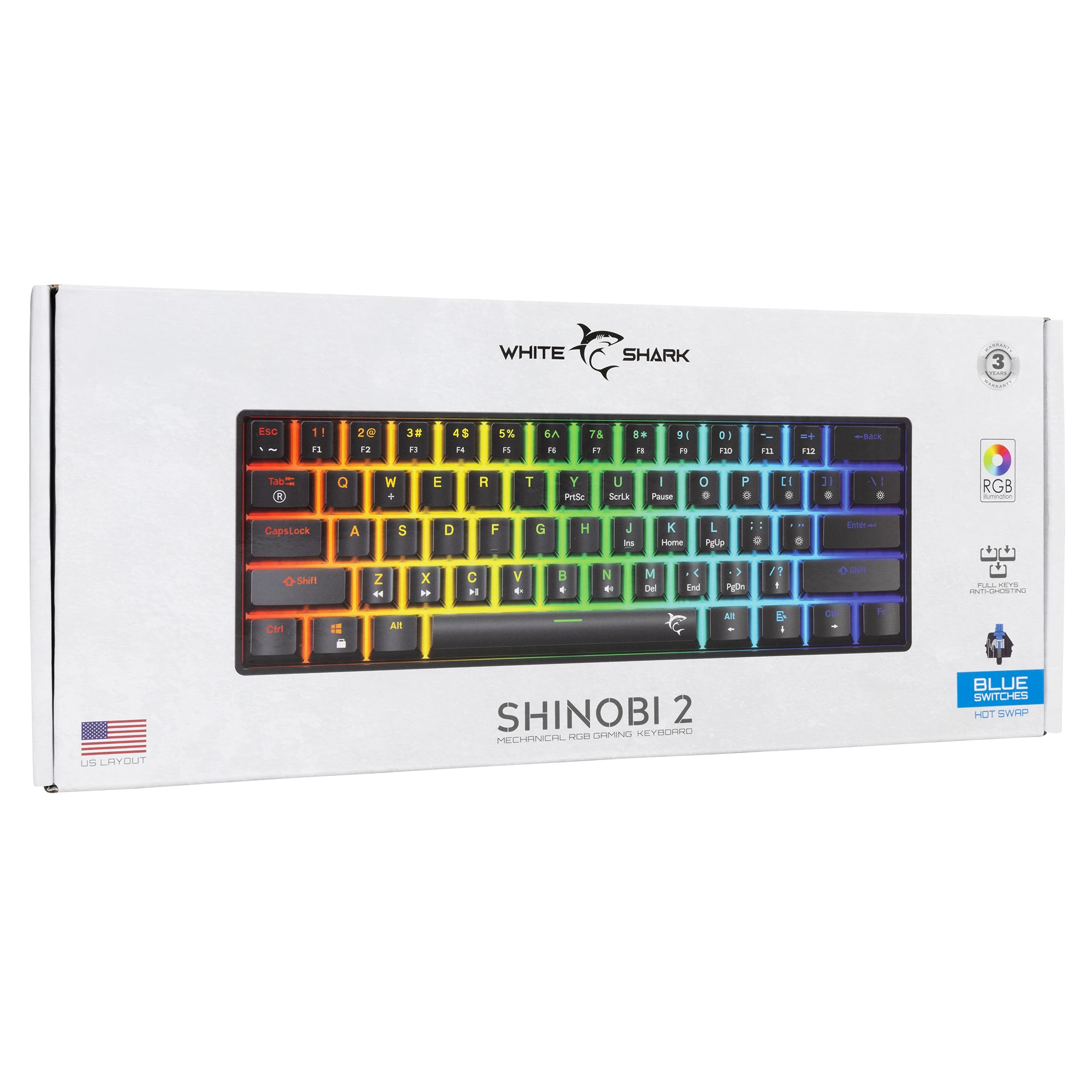 White Shark геймърска механична клавиатура Gaming Mechanical Keyboard SHINOBI 2 - YUSYA 5P Blue Switches (English US), Black