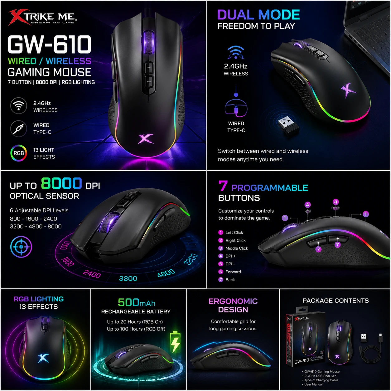 Xtrike ME безжична геймърска мишка Gaming Mouse Wireless GW-610