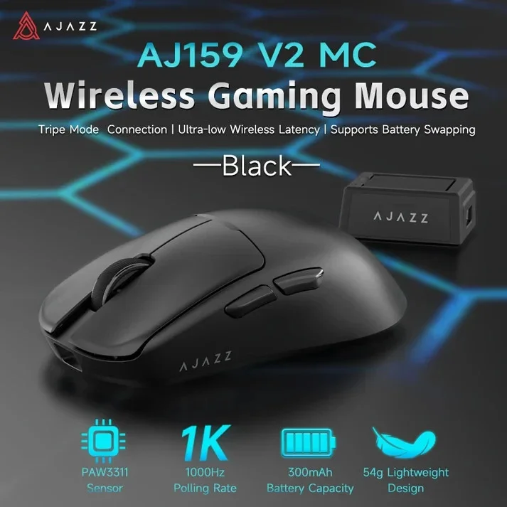 Ajazz souris gamer professionnelle AJ159 V2 MC - Wireless Gaming Mouse - 1K, Station de charge magnétique, Blanc