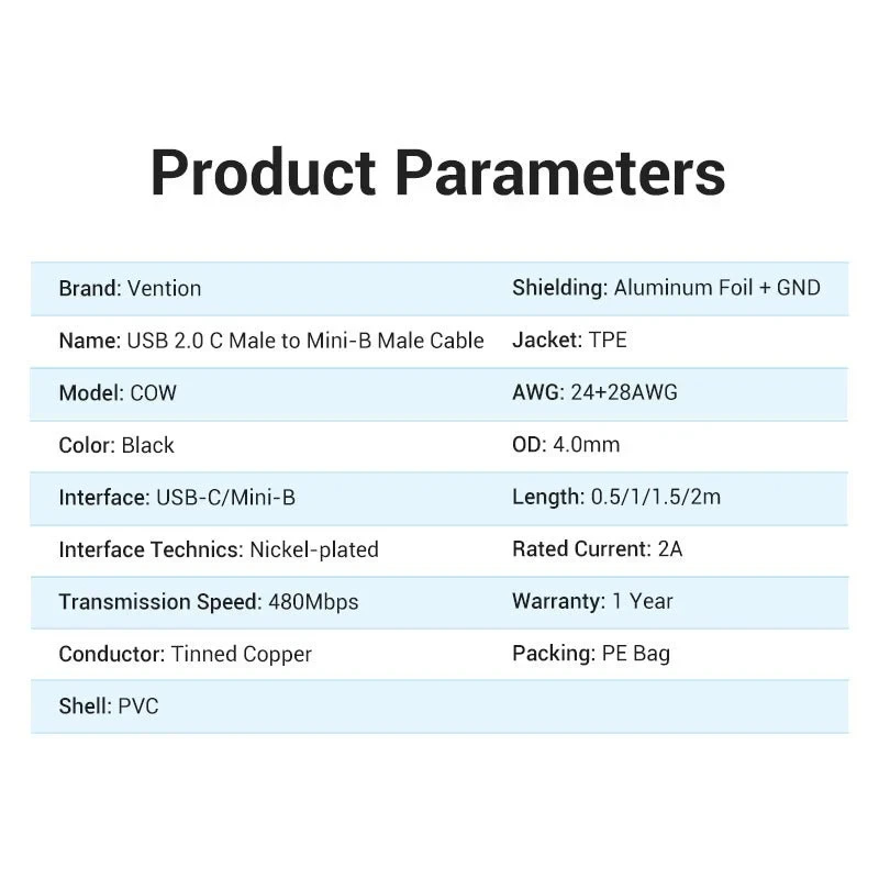 Vention Kabel USB 2.0 C M / Mini USB 5pin 0.5m - COWBD