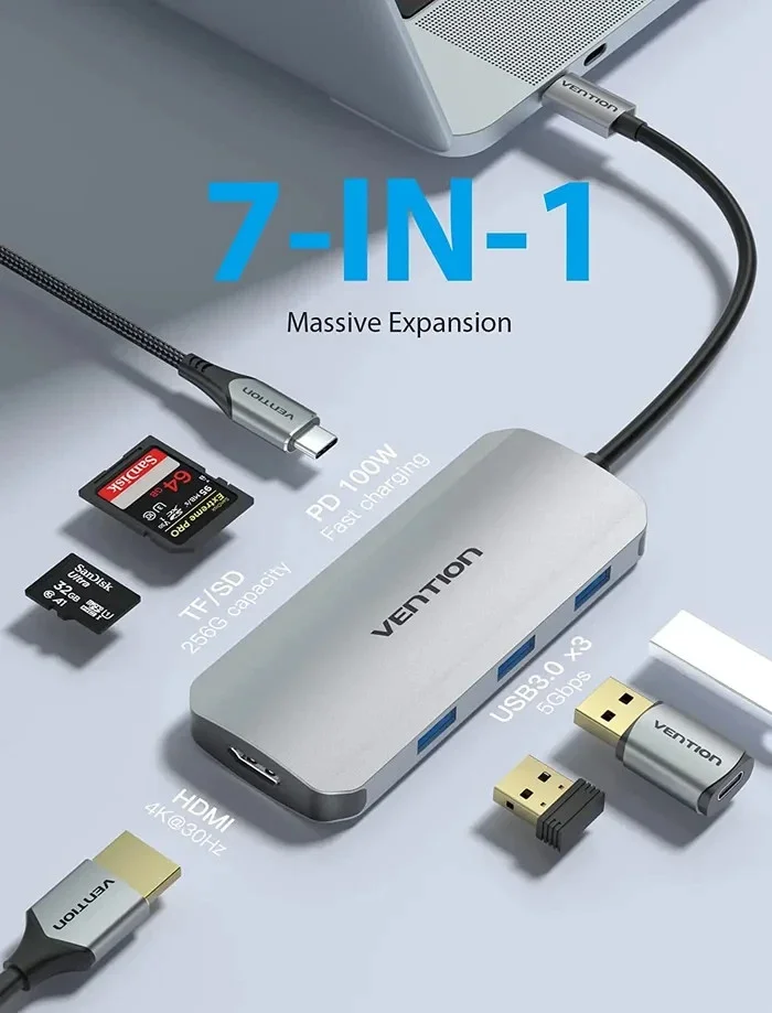 Vention докинг станция Docking Station Type-C - TOJHB - HDMI x 1, USB3.0 x 3, USB-C PD100W x 1, SD/TF