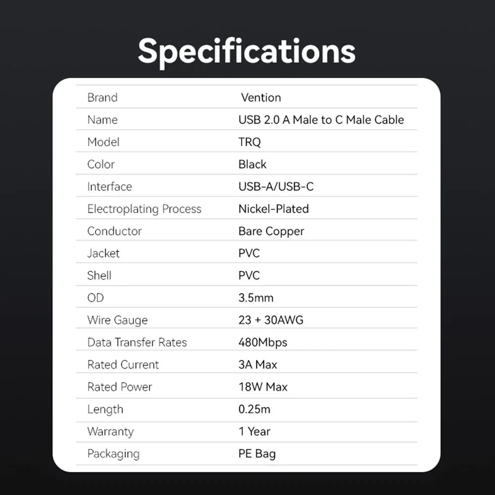Vention Кабель USB 2.0 AM / USB-C M 0.25m - TRQBAC