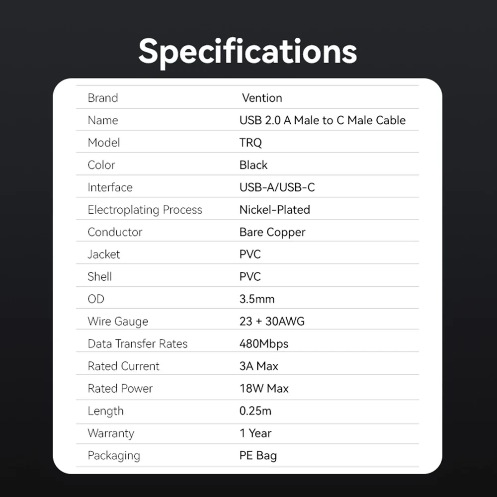 Vention Кабель USB 2.0 AM / USB-C M 0.25m - TRQBAC