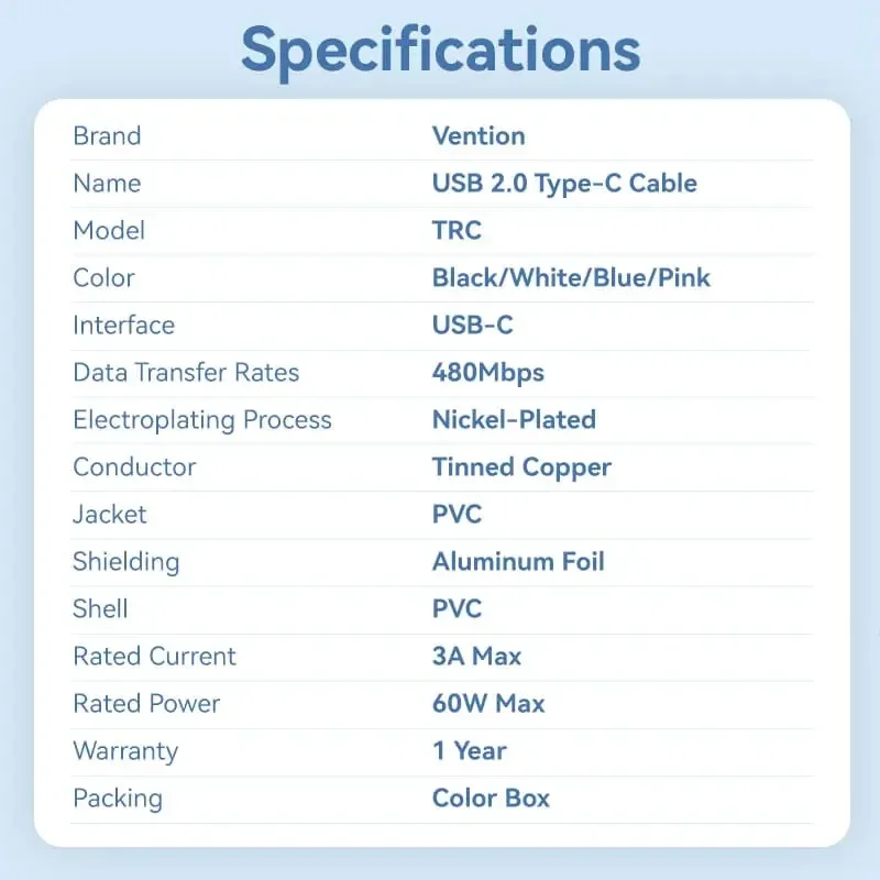 Vention Cablu USB 2.0 C M / USB-C M 1.0m Black - TRCBF