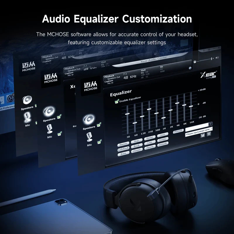 MCHOSE cuffie wireless per gaming Wireless Gaming Headphones - V9 Pro Steel Black - Bluetooth, 2.4G