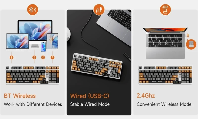 MCHOSE геймърска механична клавиатура Wireless Gaming Mechanical Keyboard UT98 Classic Therapy - Silent Peach V3 Switch [Linear] (English US)